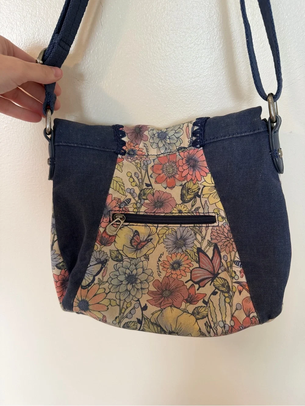 SAKROOTS Navy & Wildflower Butterfly Print Adjustable Crossbody Hobo Bag